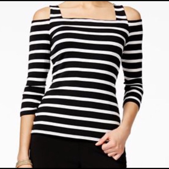 black and white striped cold shoulder top